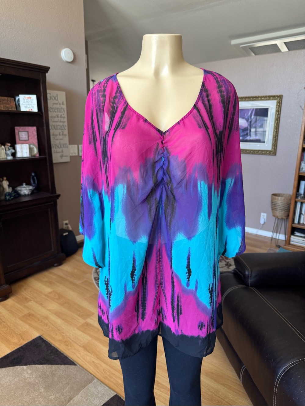 Nicole Miller V-neck colorblock tunic in pink, blue & purple-size XL